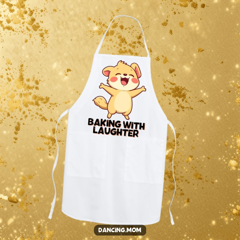 Funny apron showcasing a kawaii animal laughing uncontrollably, head thrown back in a state of hilarious merriment.
