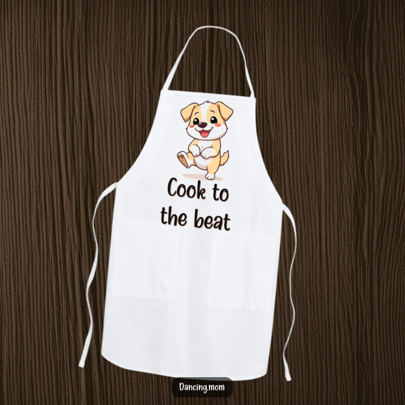 Funny apron showing a dog happily tapping its foot while cooking, adding a rhythmic, humorous touch to kitchen duties.