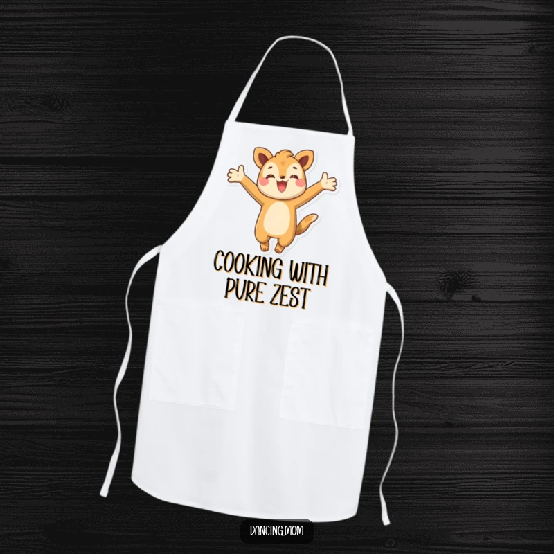 Funny apron depicting a happy animal character leaping energetically, ready for kitchen adventures with a joyful and playful attitude.