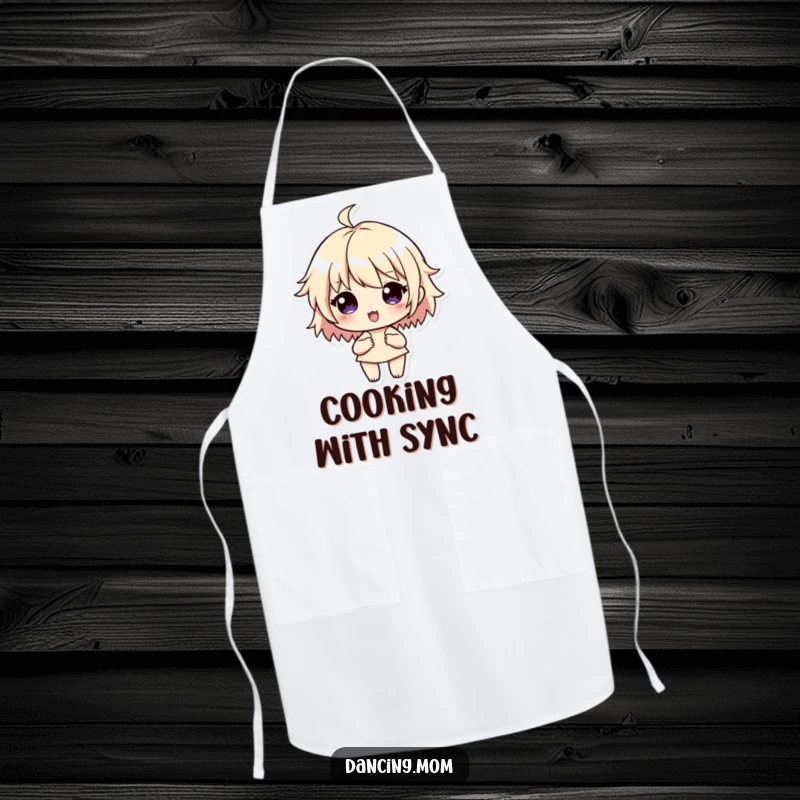 Funny Apron: Character with flowing rhythm lines, embodying musicality, perfect for cooking with flair as a funny gift.