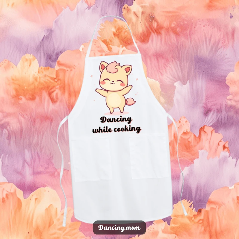 Funny apron depicting a kawaii dancing animal swaying with eyes closed, bringing serene rhythm to the culinary arts.
