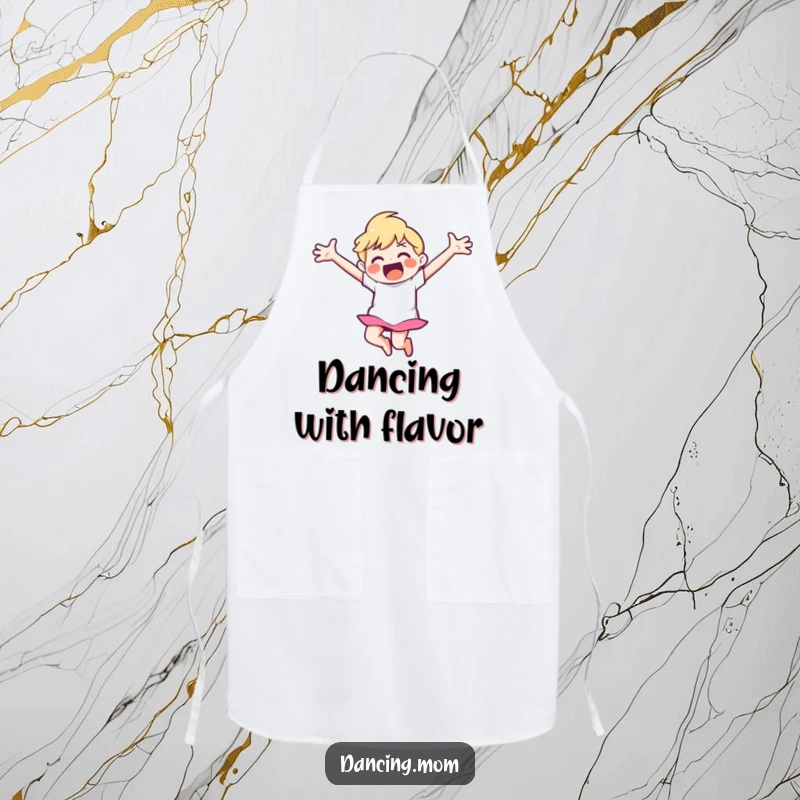Funny apron illustrated with a happy dancer with arms outstretched, leaping joyfully.