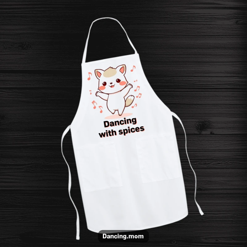 Funny apron depicting a kawaii dancing animal with feet in motion, surrounded by musical notes, perfect for a musical kitchen.