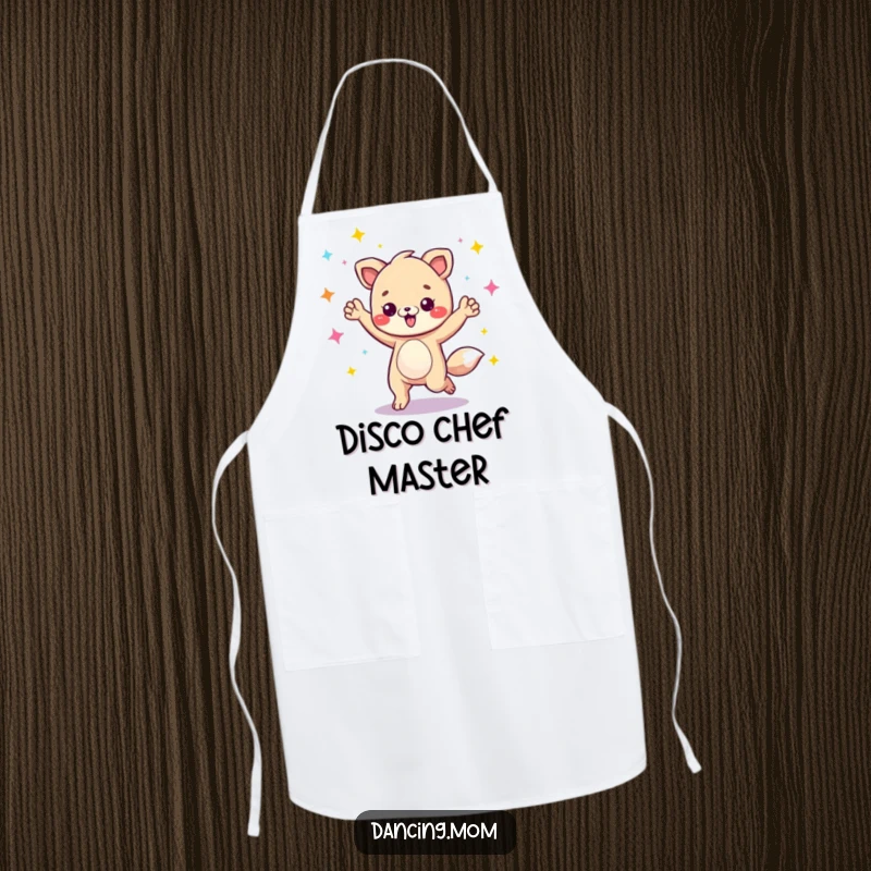 Funny animal character energetically grooving under disco lights, while cooking, on a humorous kitchen apron.