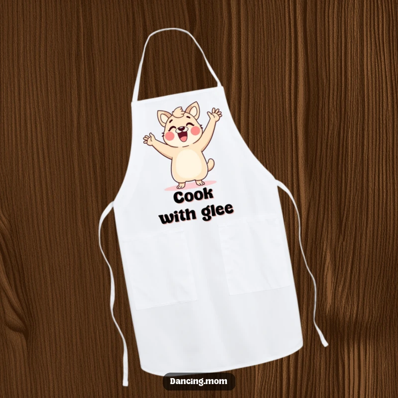 Funny dancing mom animal apron, arms in the air, full of glee, making kitchen time fun and joyful for cooking.