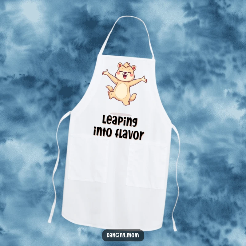 Funny apron with a dancing mom animal leaping gracefully, arms outstretched, ready for kitchen adventures, a fun funny gift.
