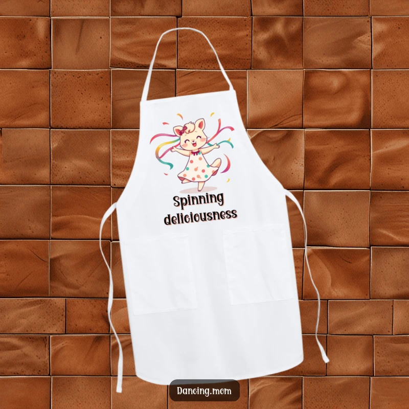 Funny apron with a dancing mom animal spinning with flowing ribbons, perfect for kitchen fun, a vibrant funny gift.