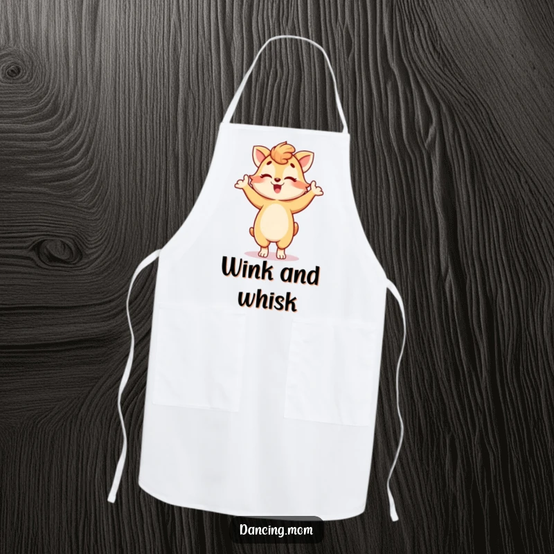 Funny apron with a dancing mom animal striking a playful pose and winking, perfect for kitchen fun, a cheeky funny gift.