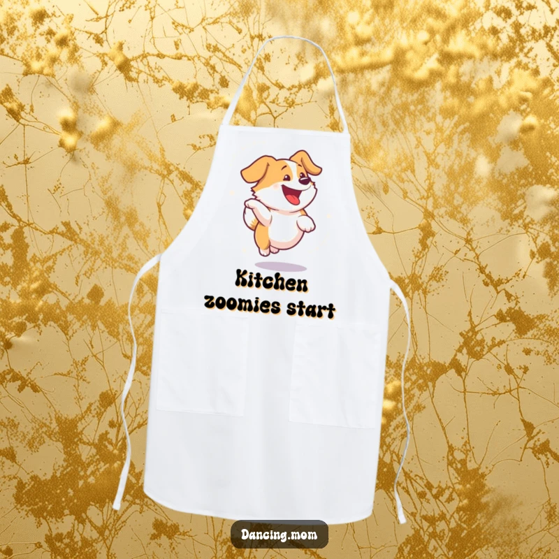 Funny dog apron featuring a dog spinning with visible delight, perfect for kitchen fun and adding humor to cooking.