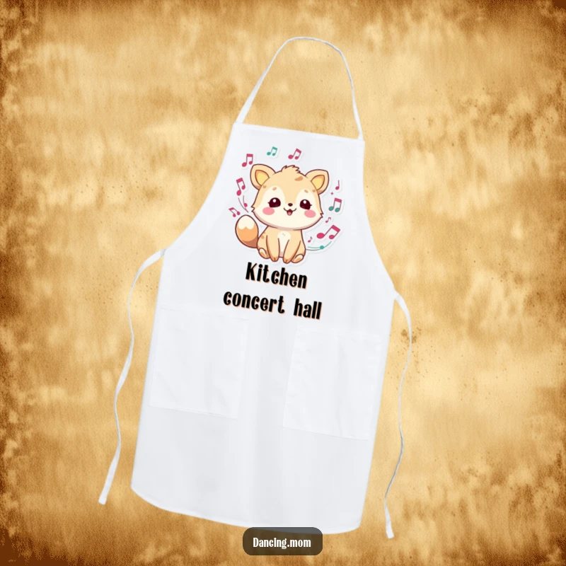 Joyful animal character surrounded by musical notes, a humorous and practical apron for kitchen use.