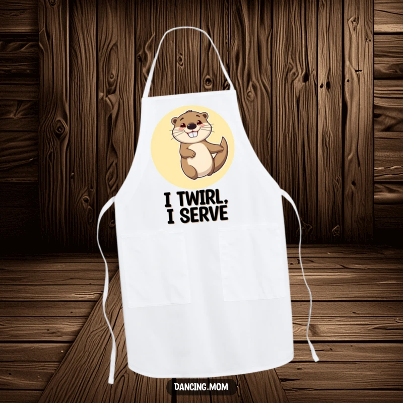 Funny apron showcasing a cheerful otter spinning in circles with a goofy, happy grin, for kitchen fun.