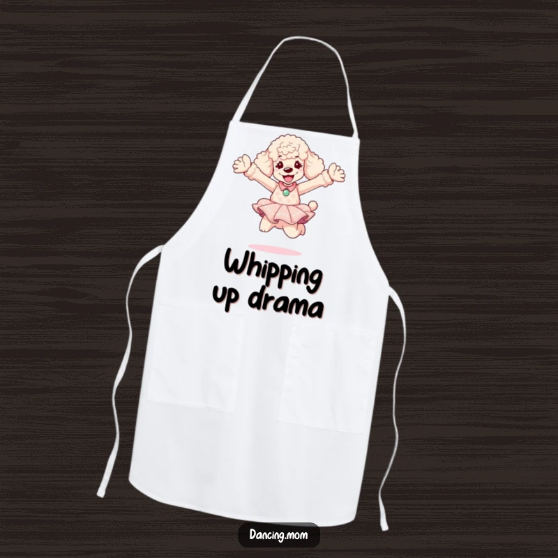 Funny Poodle Diva Apron: A poodle in a dazzling dress executes a joyful leap, perfect for a stylish and humorous kitchen experience.