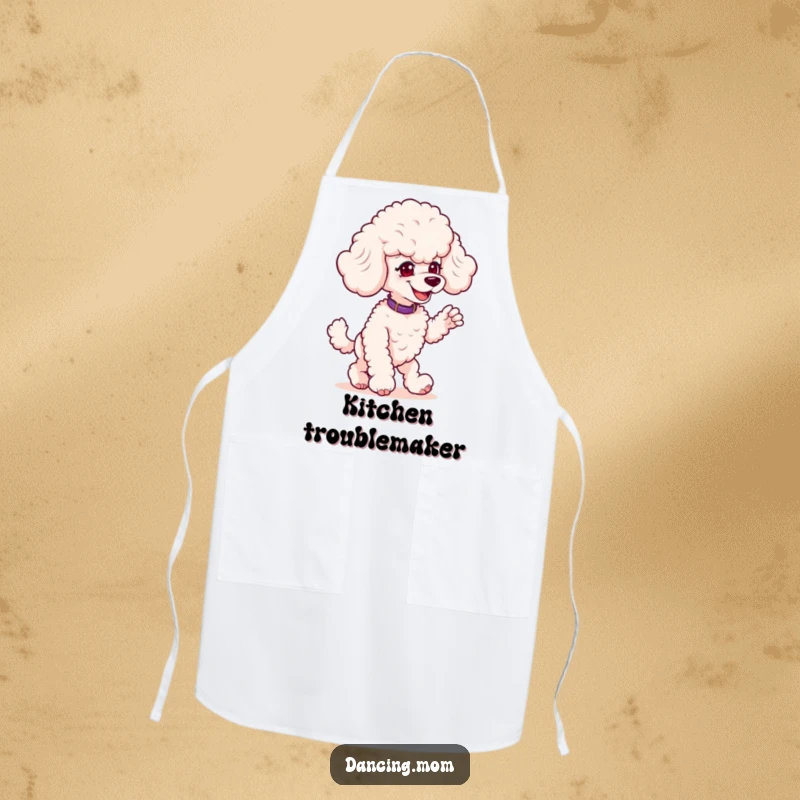 Funny Poodle Prankster Apron: A mischievous poodle grins while striking a playful dance pose, perfect for a humorous kitchen.