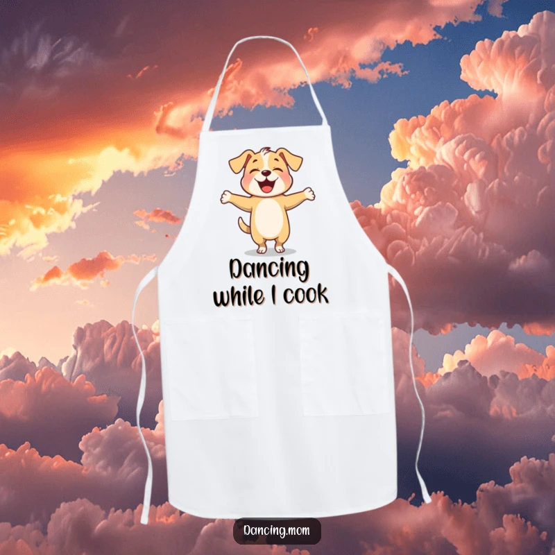 Funny dog twirling with arms outstretched happily, printed on a humorous kitchen apron.