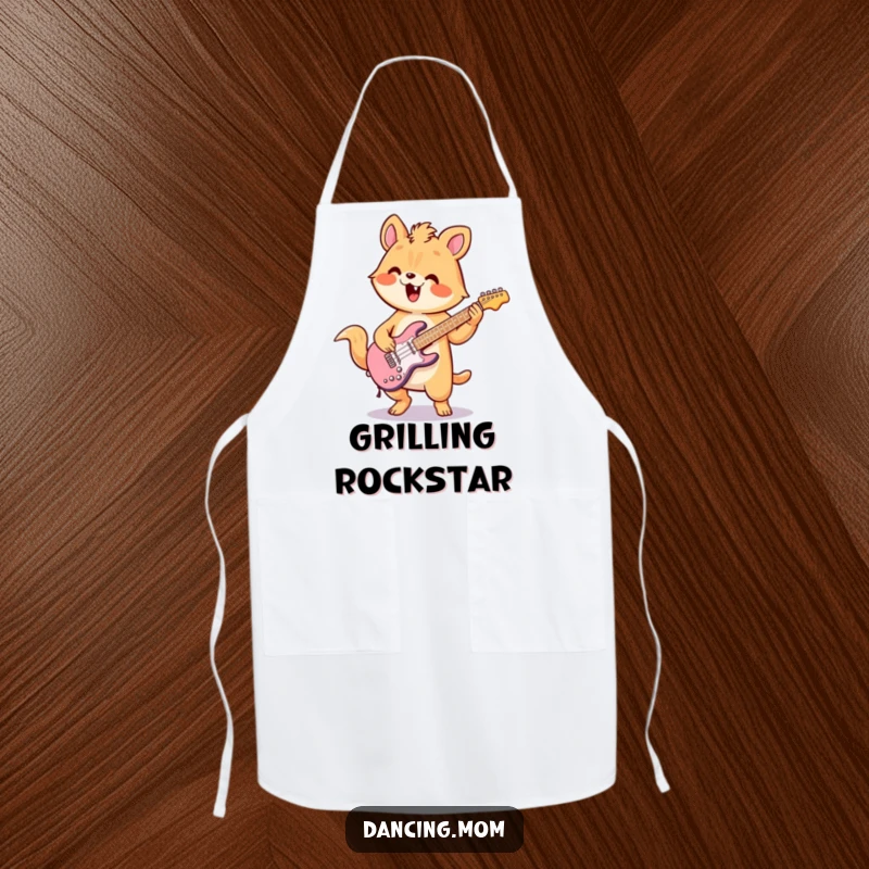 Funny apron showcasing a kawaii animal enthusiastically playing an air guitar with flair, perfect for kitchen rockstars.