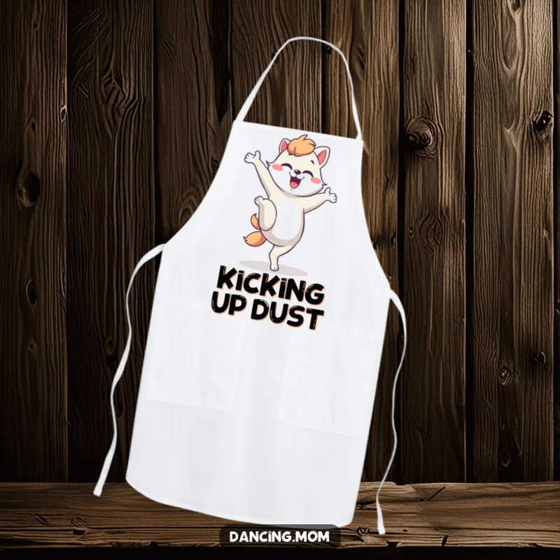 Funny dancing mom animal apron, ready to deliver a silly kick, adding humorous energy and fun to kitchen activities.