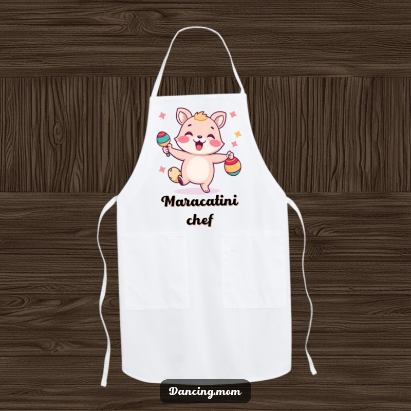 Funny apron showing a happy animal shaking maracas, perfect for cooks who want to add a festive and humorous touch.