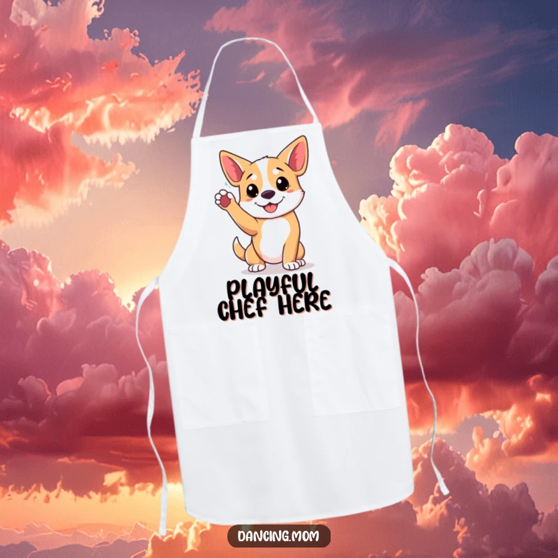 Funny apron with a dog striking a playful pose, paw raised high, ready for a fun and active cooking session.