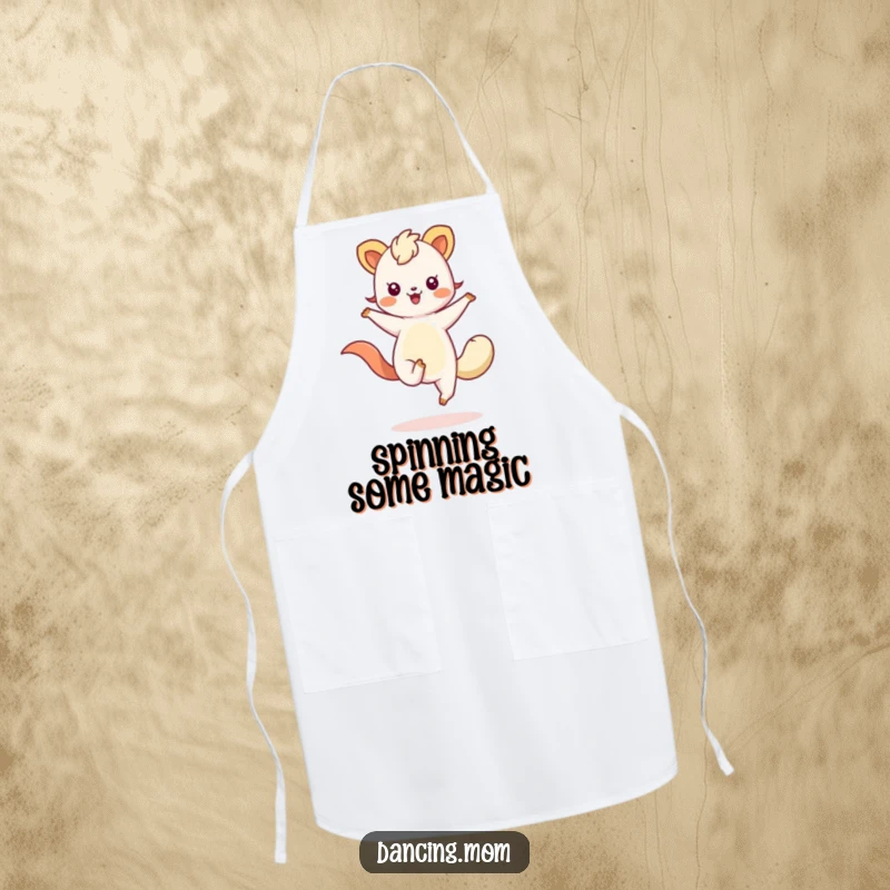 Funny apron showcasing a kawaii animal with flowing limbs, caught mid-twirl, ready to add fun to any cooking activity.