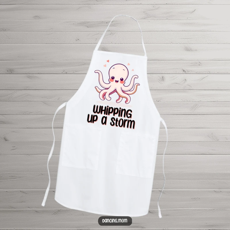 Funny Octopus apron depicting a delighted sea creature wiggling its arms in a dance, designed for humorous and practical kitchen use.