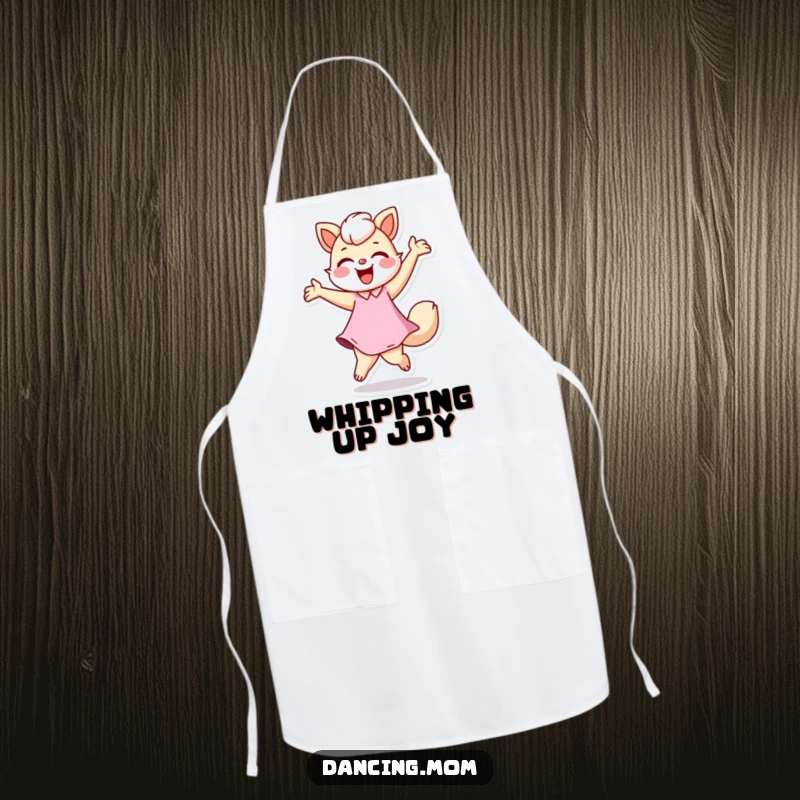 Funny apron depicting a dancing mom animal joyfully twirling, ready for kitchen fun, a perfect funny gift for cooks.