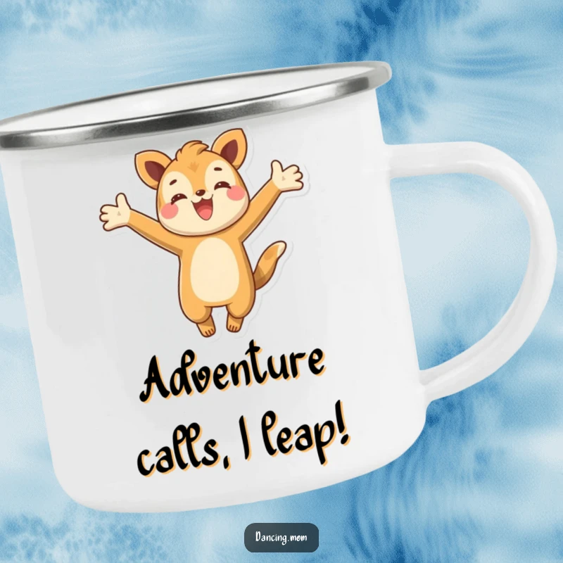 Funny camping mug showing a happy animal character leaping energetically, ready for outdoor fun with a cheerful and spirited disposition.