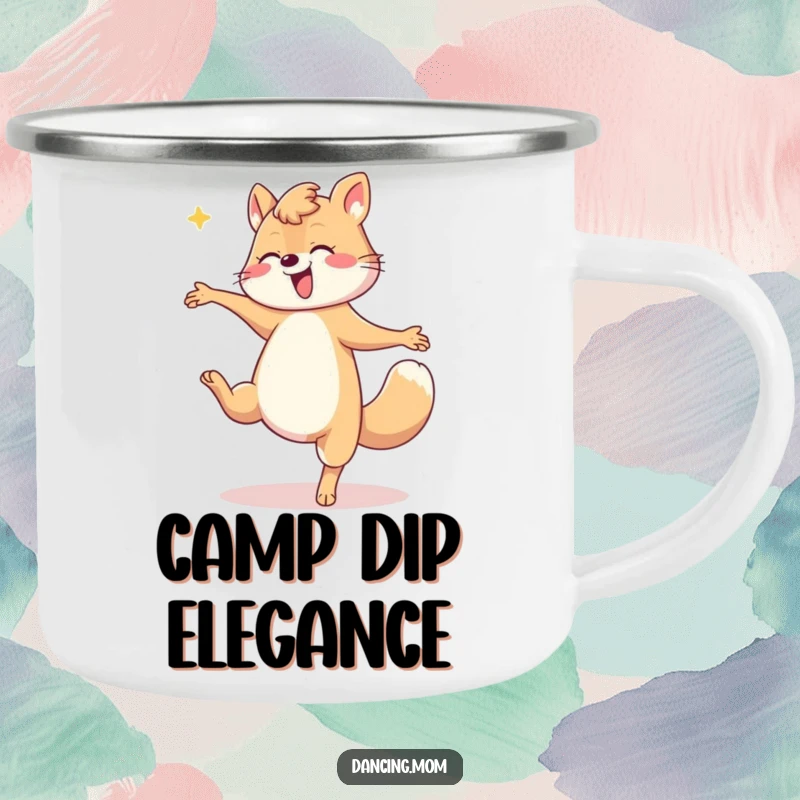 Funny Mom Dip Camping Mug: A dancing mom animal performs a dramatic dip, ready for outdoor adventures with warm drinks and a dose of funny charm.