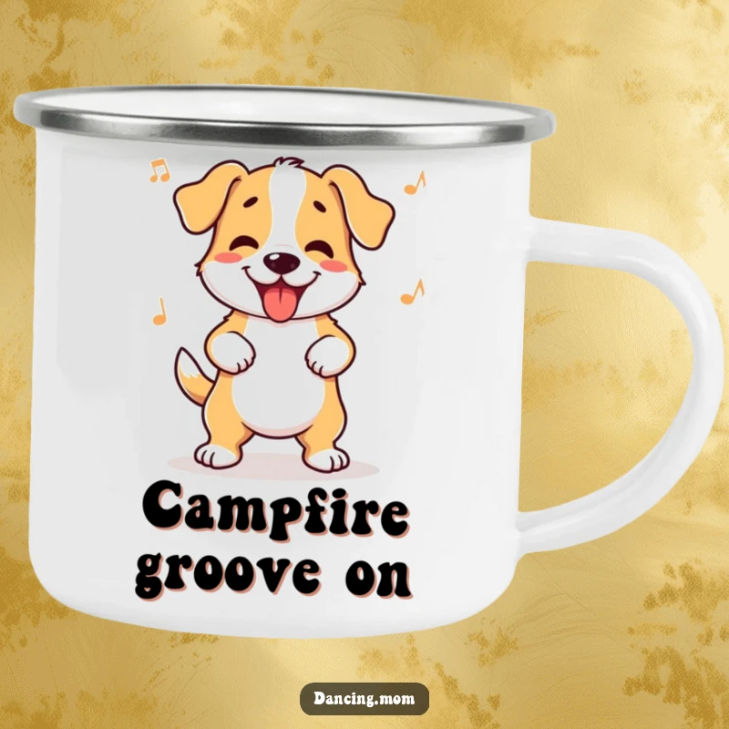 Funny dog camping mug showing a dog wiggling its hips with infectious rhythm, perfect for outdoor sipping.