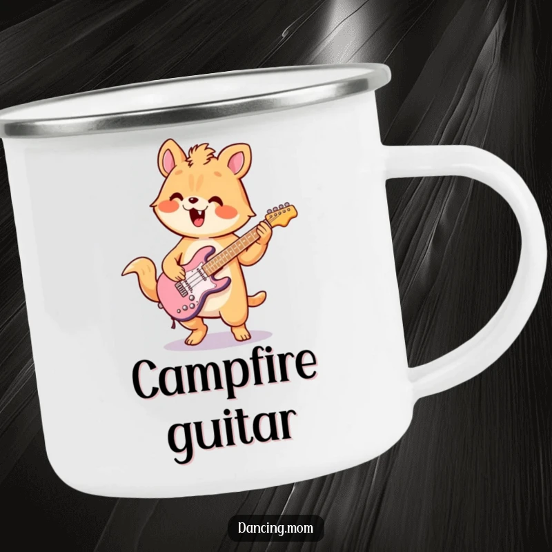 Funny camping mug with a durable design, showing a kawaii animal playing air guitar with enthusiastic flair.