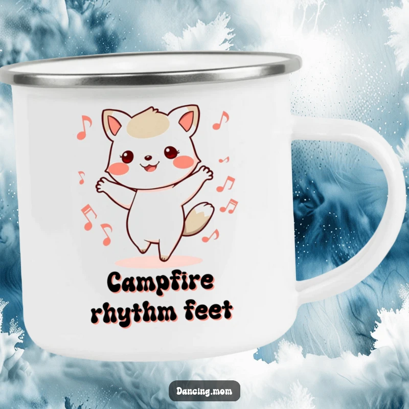 Funny camping mug featuring a kawaii dancing animal with feet in motion, surrounded by musical notes, perfect for outdoor jams.