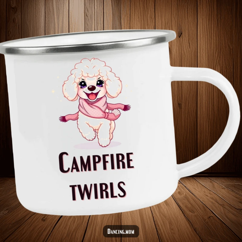 Funny Poodle Twirl Camping Mug: A poodle with a radiant smile spins with a shimmering scarf, perfect for outdoor elegance.