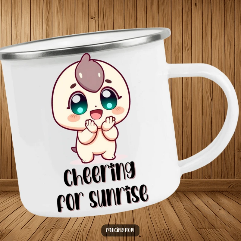 Funny Camping Mug: Enthusiastic character clapping with wide, happy eyes, a rugged and funny gift for outdoor pursuits and cheer.