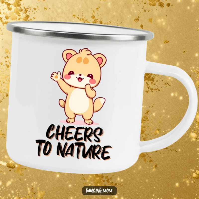 Funny camping mug of an animal enthusiastically clapping its paws, perfect for adding a cheerful touch to outdoor adventures.