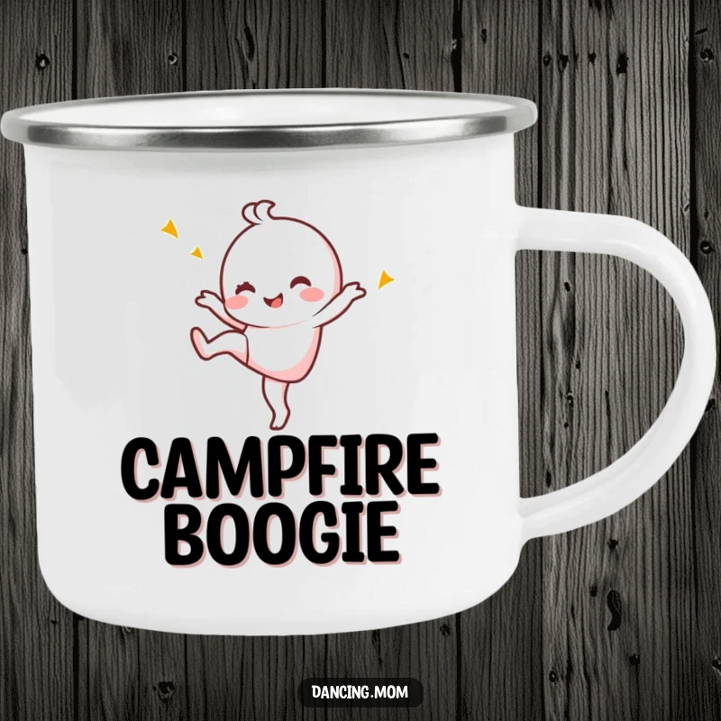 Funny Camping Mug: Kawaii dancing character kicking one leg up, winking playfully, ready for adventure.