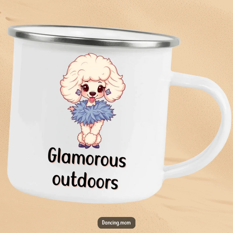 Funny camping mug of a sophisticated poodle with sparkly earrings and a boa, for glamorous outdoor drinks.