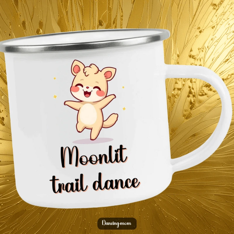 Funny camping mug of a giggling animal doing the moonwalk, perfect for adding retro fun to outdoor adventures.