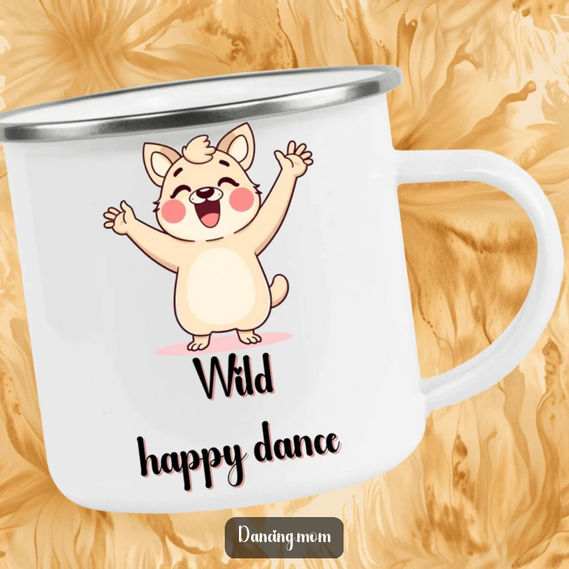 Funny dancing mom animal camping mug, arms in the air, full of glee, perfect for joyful outdoor sips and adventures.