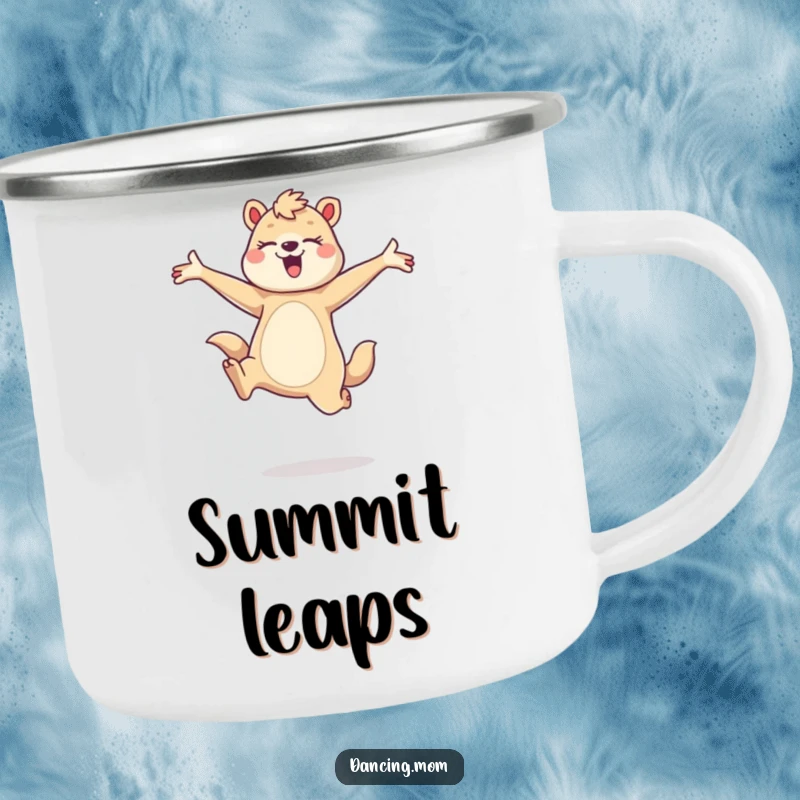 Funny camping mug with a dancing mom animal leaping gracefully, arms wide, ideal for outdoor fun, a sturdy funny gift.