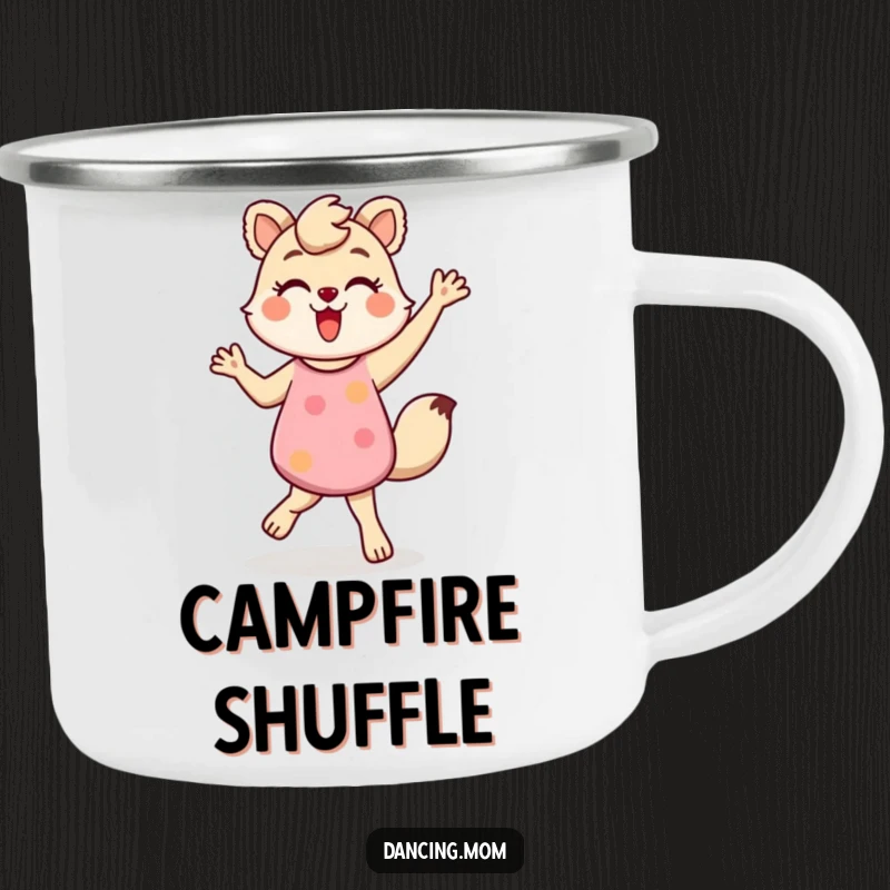 Funny camping mug with a dancing mom animal doing an energetic shuffle, perfect for outdoor enthusiasts, a fun funny gift.