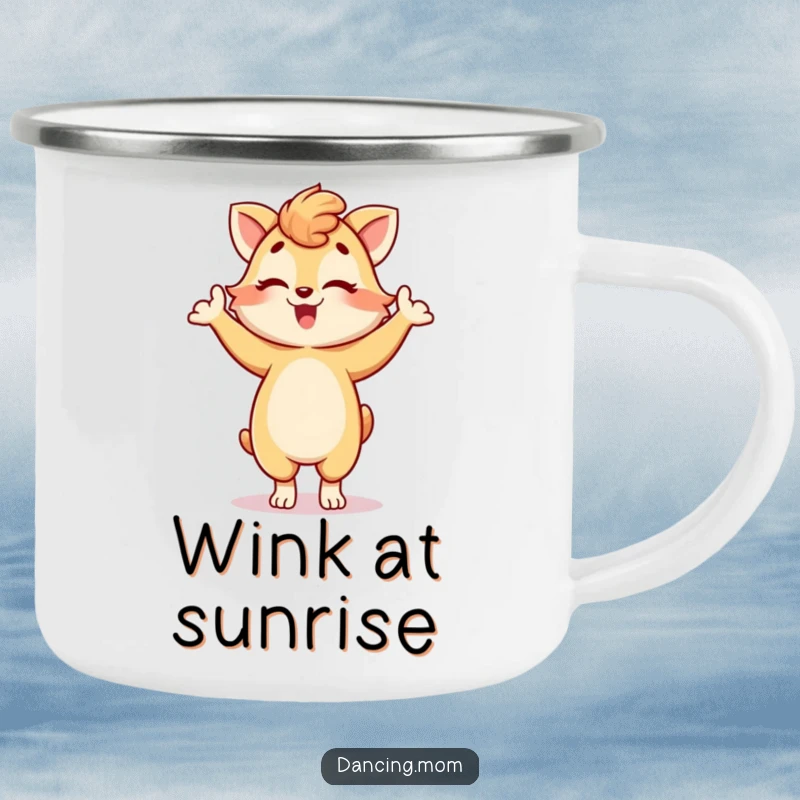Funny camping mug with a dancing mom animal striking a playful pose and winking, perfect for outdoor fun, a charming funny gift.