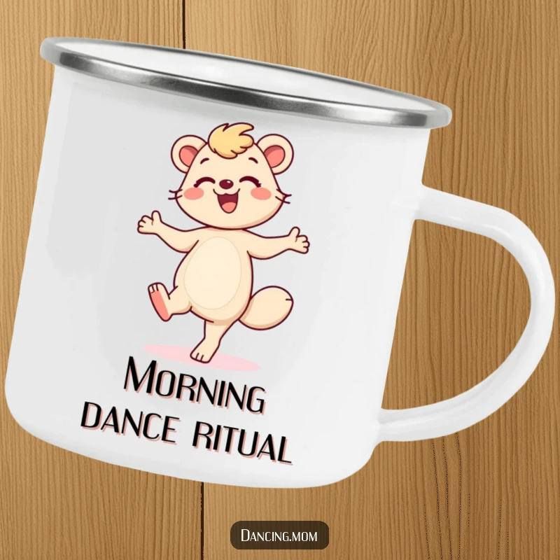 Funny Dancing Mom Camping Mug: A smiling mom animal taps her feet, ready for outdoor adventures with warm drinks and a dose of funny charm.