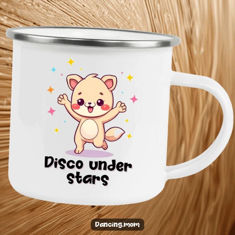 Funny animal character energetically grooving under disco lights, printed on a durable camping mug.