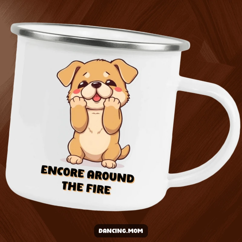 Funny camping mug showing a dog taking a dramatic bow with paws flourished, ready for campfire applause.