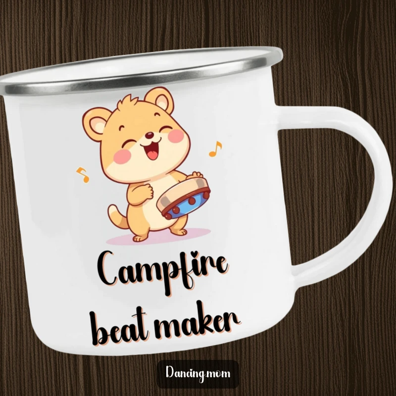 Funny animal character playing a tambourine with infectious rhythm, depicted on a rustic enamel camping mug.