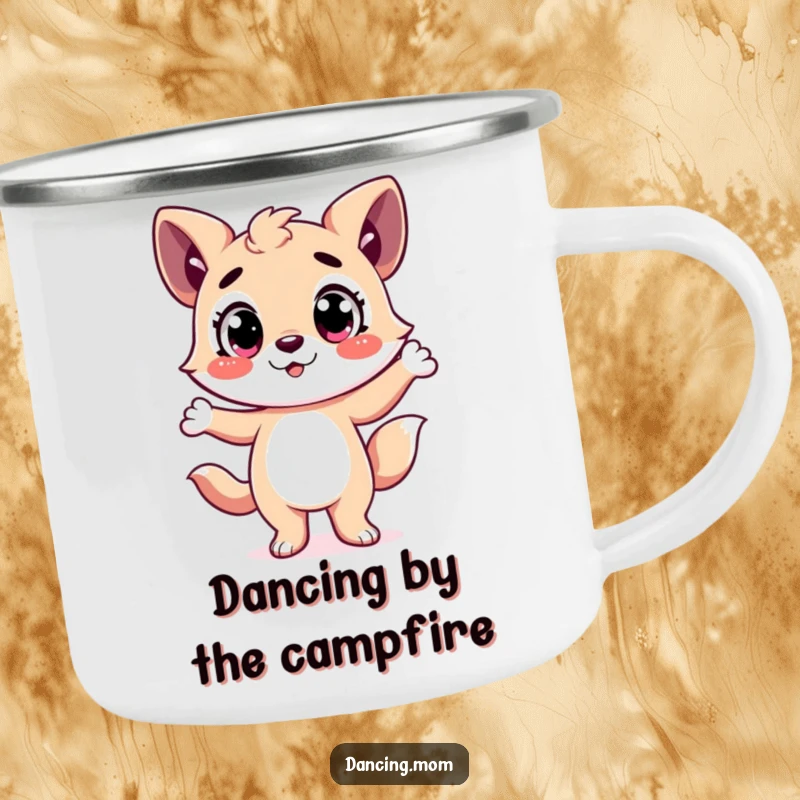 Funny Camping Mug: Happy animal character with wide eyes in a dramatic dance pose, ready for outdoor adventures.