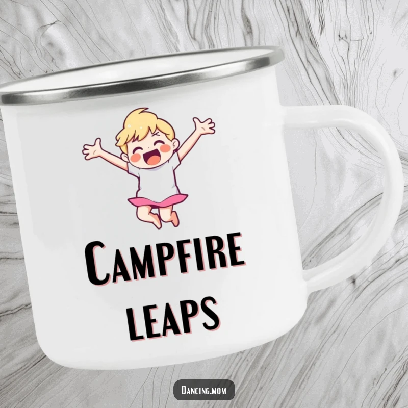 Funny camping mug depicting a joyful dancer with arms outstretched, leaping gracefully in the air.