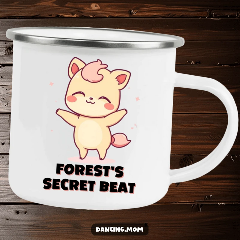 Funny camping mug with a kawaii dancing animal swaying peacefully, eyes closed, perfect for serene outdoor moments.