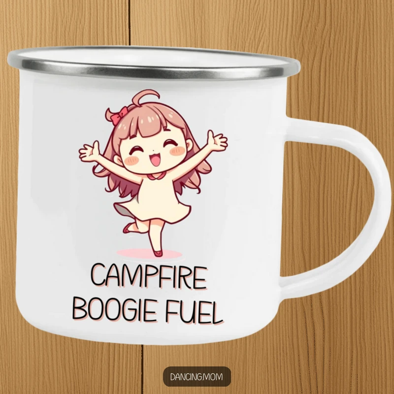Funny Kawaii dancer camping mug with a character mid-pirouette, arms wide, ready for outdoor fun.