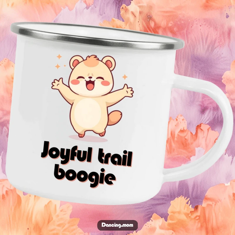 Funny camping mug featuring a kawaii dancing animal spinning with arms outstretched, radiating joy during outdoor adventures.