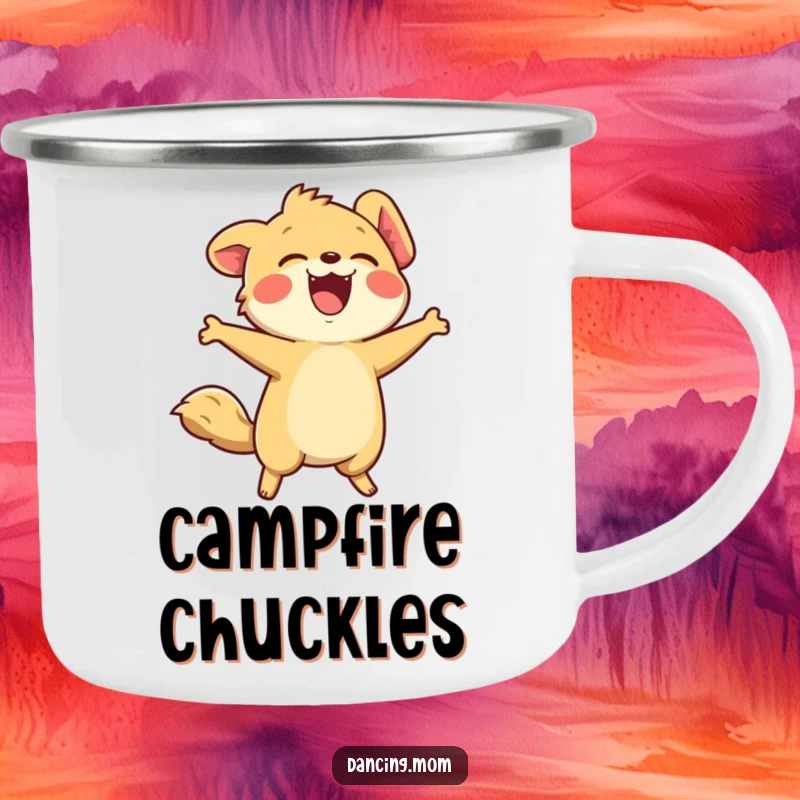 Funny camping mug with a durable design, showing a kawaii animal laughing heartily with its head thrown back in merriment.
